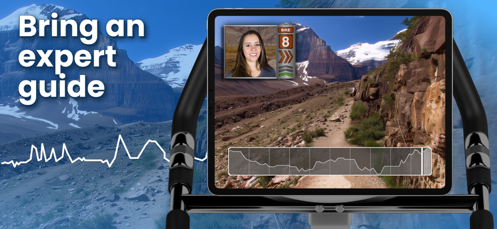 BitGym app on an iPad displaying a virtual mountain trail with a fitness instructor guide