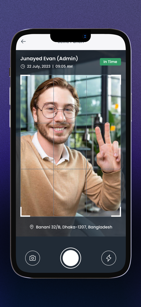A mobile interface for the Attnd app showing an employee taking a selfie for attendance check-in with GPS location and time stamp.