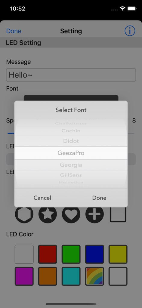 LED Board Plus - Font selection menu in the LED Board Plus app showing various typography options for a scrolling banner.