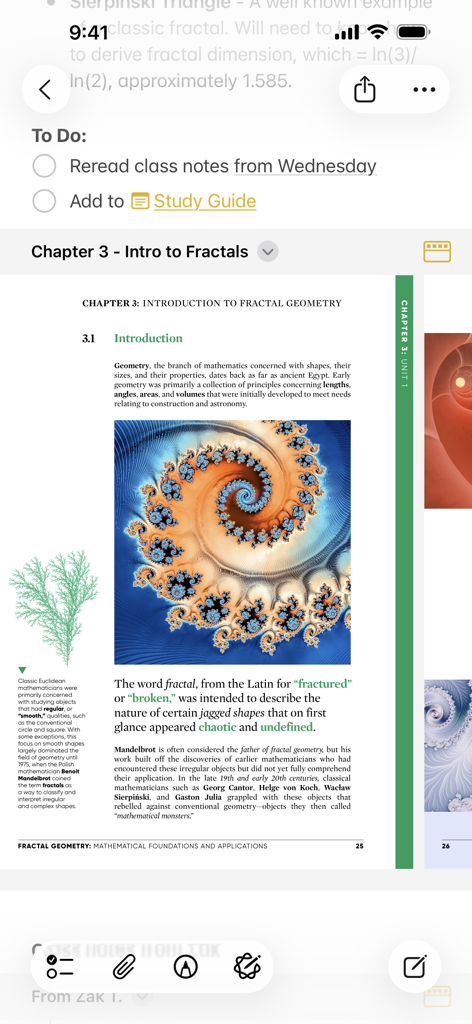 La aplicación Apple Notes muestra una lista de tareas de estudio junto con un documento PDF adjunto sobre geometría fractal.