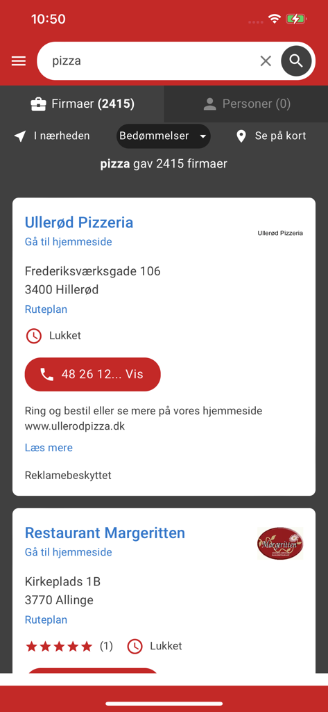 Krak app search results for pizza featuring local restaurants in Denmark