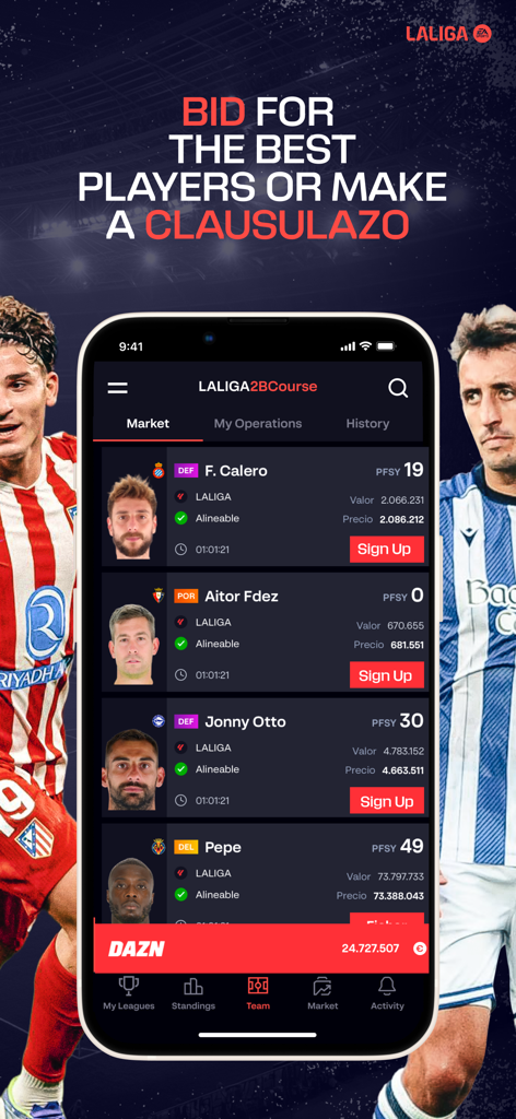 Aplicación LALIGA FANTASY soccer manager que muestra el mercado de fichajes y las opciones de puja de jugadores