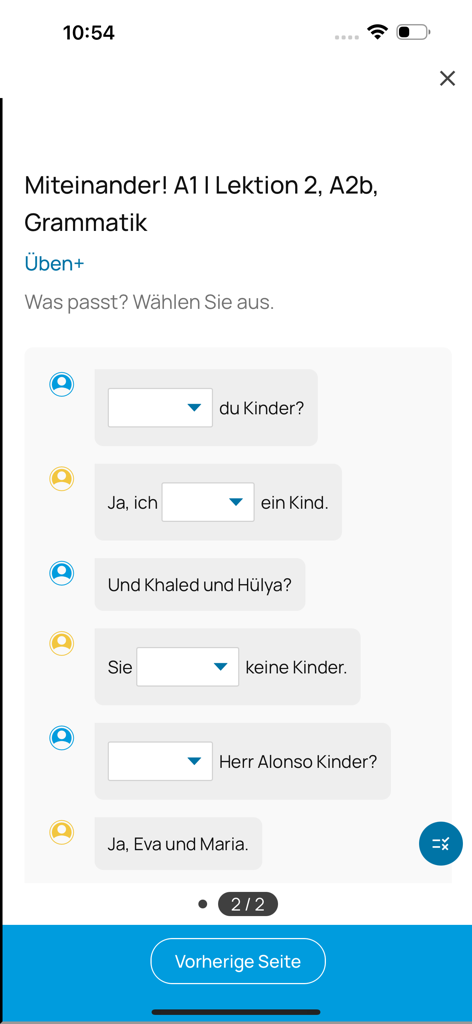 Hueber interaktiv - Captura de pantalla de un ejercicio de gramática alemana con menús desplegables interactivos en la aplicación Hueber interaktiv