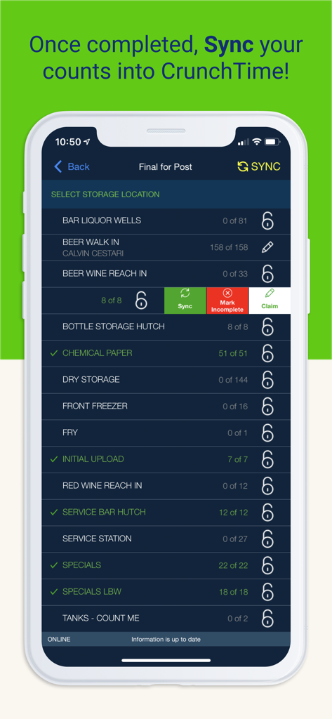 Crunchtime Counter - Crunchtime Counter mobile app screen showing inventory sync options for various restaurant storage locations