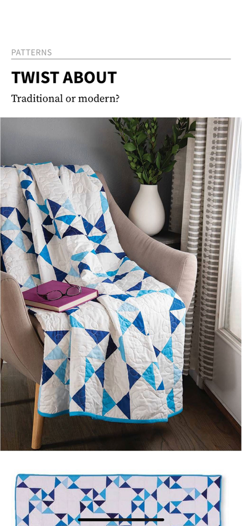 McCall's Quilting Magazine - A blue and white geometric quilt pattern titled Twist About from the McCalls Quilting app