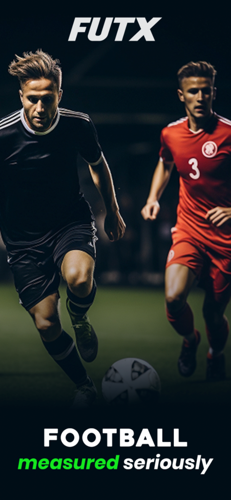 FUTX - Two soccer players in action on a pitch with the FUTX logo and the slogan Football measured seriously