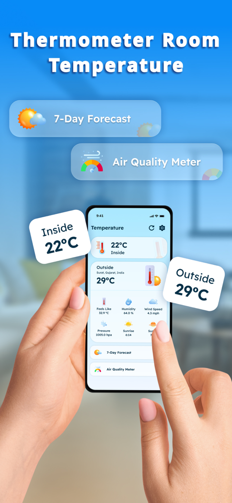 Thermometer - Inside & Outside - Hand holding a smartphone displaying indoor and outdoor temperature readings on the Thermometer app interface