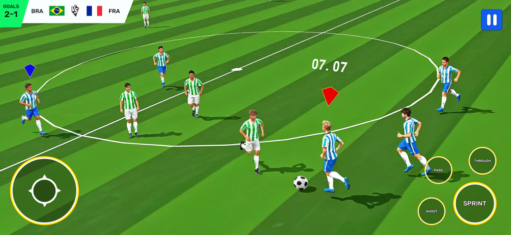 In-game screenshot of a football match in Football Game 2025 Super Kick featuring Brazil vs France on a green field with mobile controls.