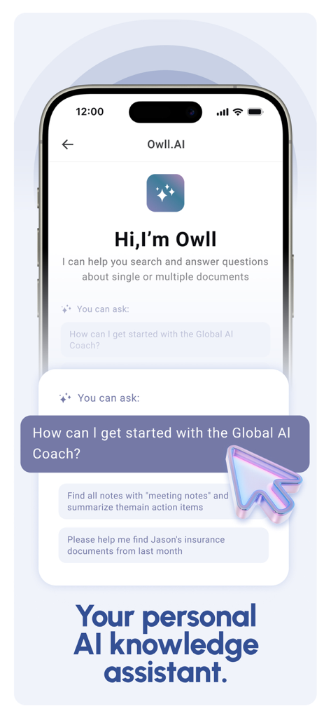 Smartphone screen displaying the Owll AI personal knowledge assistant chat interface with suggested queries.