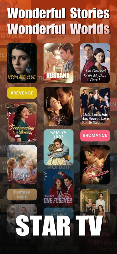 STAR TV - Movies & Dramas - Une collection d'affiches de mini-dramas sur l'application STAR TV, incluant des titres comme Collier Indice et Le Mari Parfait avec des thèmes de romance et de vengeance.