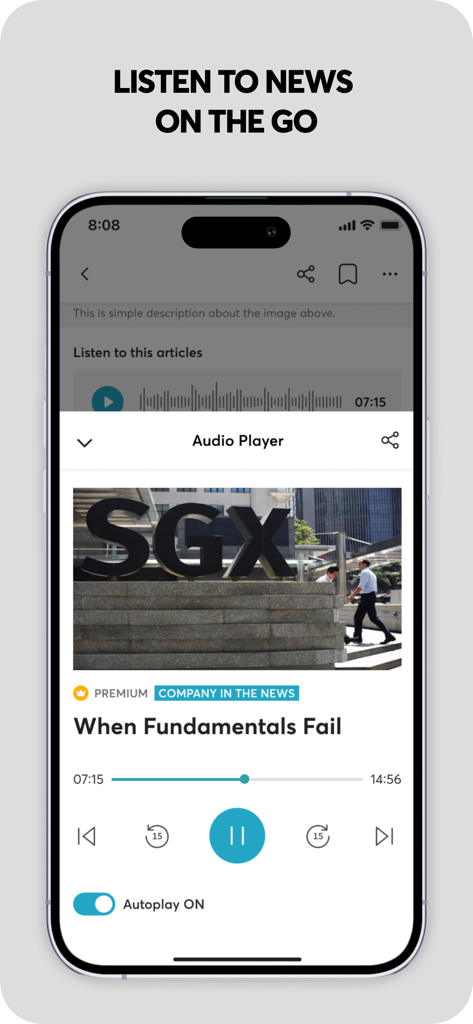 Audio news player interface in The Edge Singapore mobile app for listening to stock market analysis on the go