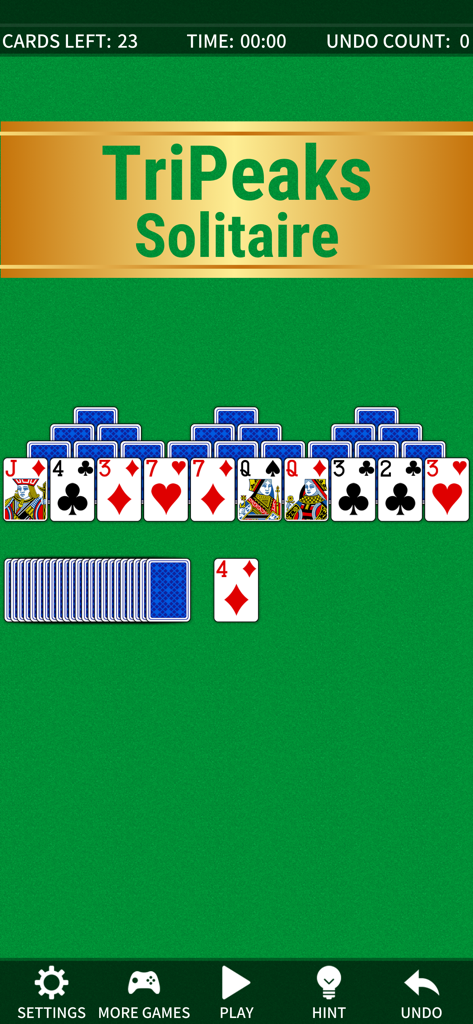 TriPeaks Solitaire Classic. - Classic TriPeaks Solitaire gameplay screen with card peaks on a green background.