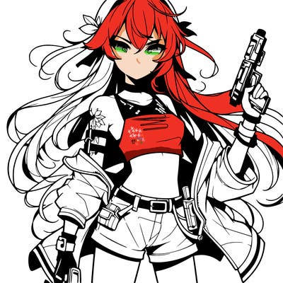 bad girl wearing crop top holding a gun long hair anime