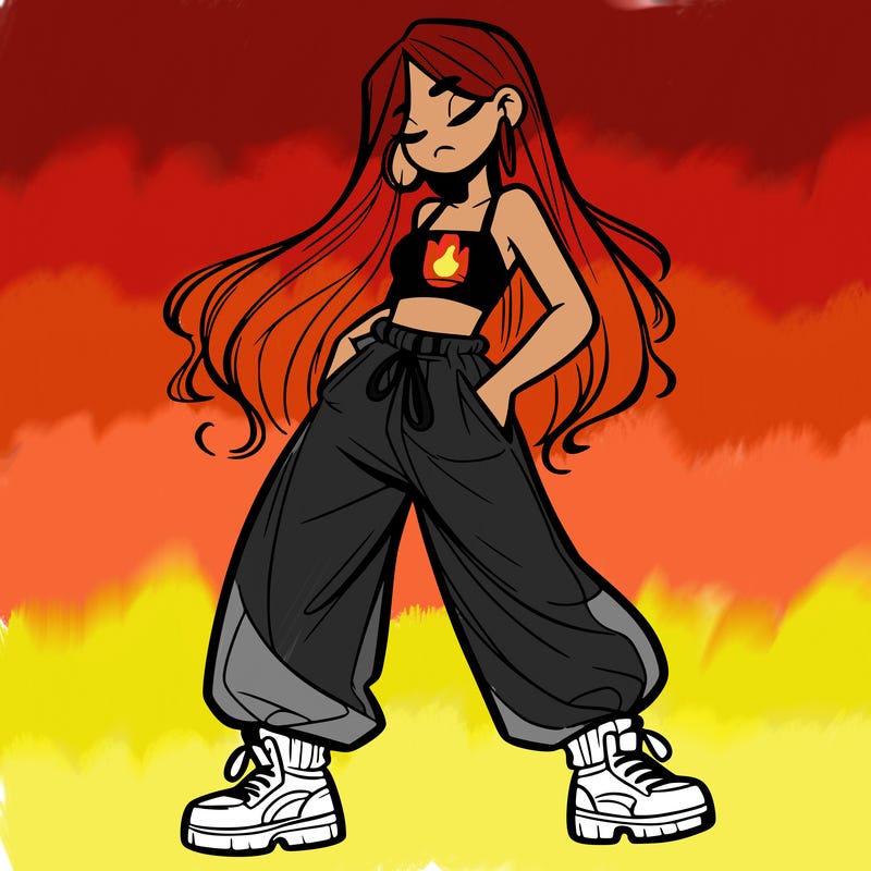 girl in baggy pants crop top and long hair