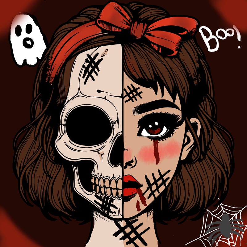 realistic girl with half skull mask