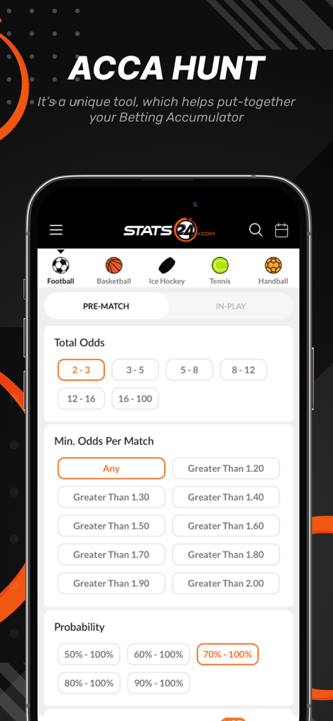 Stats24 app interface showing the Acca Hunt tool for building betting accumulators with probability and odds filters