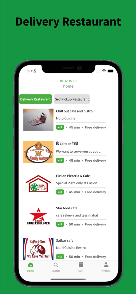 WL food - Mobile app interface of WL food showing a list of available delivery restaurants with ratings and estimated delivery times.