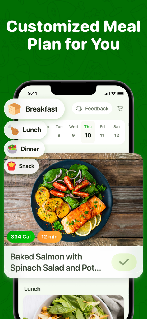 Calo app interface featuring a customized meal plan with a baked salmon and spinach salad recipe.