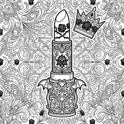 Dive into the darkly elegant world of this gothic lipstick coloring page, perfect for adult colorists. Featuring intricate patterns, thorny roses, and a mysterious crown, it offers a captivating artistic challenge.