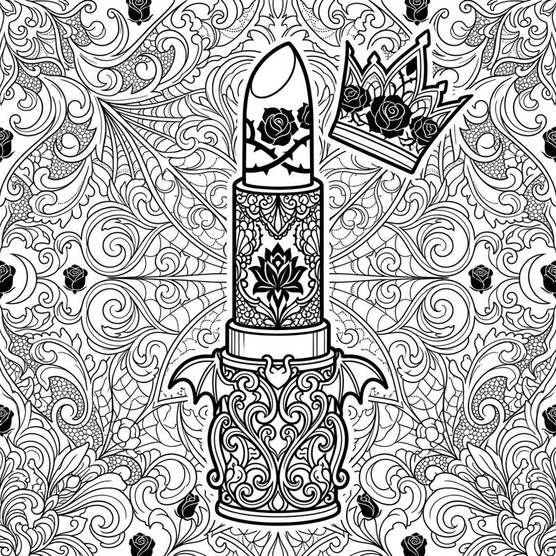 Dive into the darkly elegant world of this gothic lipstick coloring page, perfect for adult colorists. Featuring intricate patterns, thorny roses, and a mysterious crown, it offers a captivating artistic challenge.