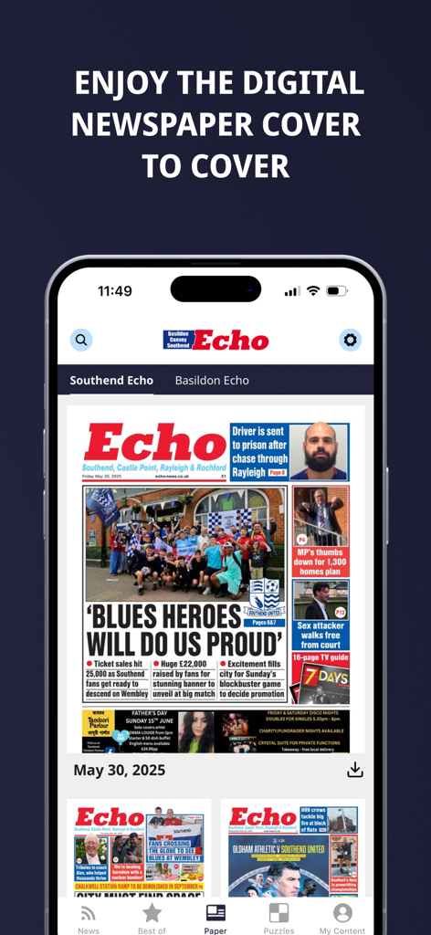 Echo News mobile app displaying the digital edition of the South Essex newspaper.