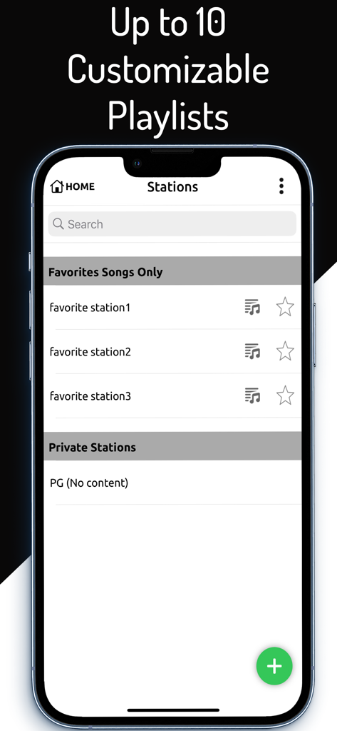 PianoStream Piano MIDI Player - PianoStream app screen displaying options for up to ten customizable playlists and favorite piano music stations