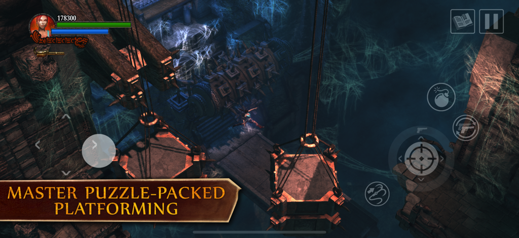 Lara Croft: Guardian of Light - Lara Croft navigating a complex platforming puzzle in a dark temple with moving platforms