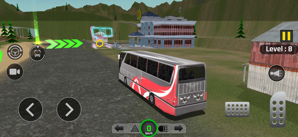 Bus simulator gameplay showing a modern coach driving toward a parking zone in a 3D environment