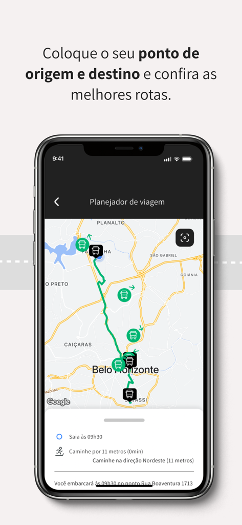 Bus2 mobile app trip planner screen showing a public transit route on a map with walking and boarding instructions.
