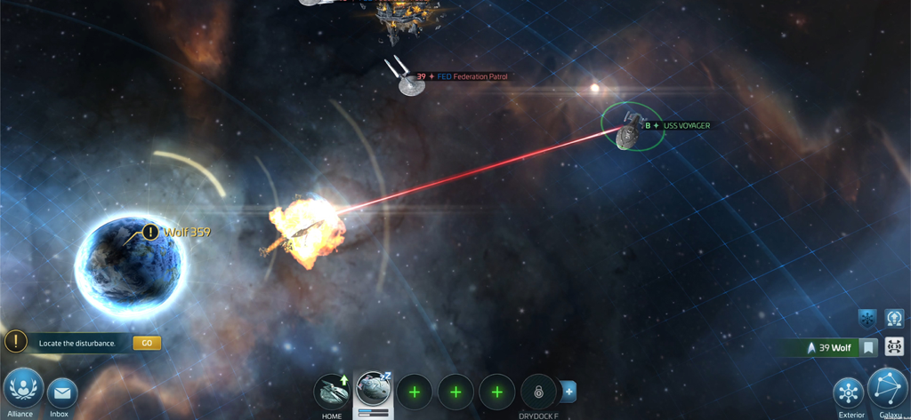 USS Voyager firing a red laser at an explosion near planet Wolf 359 in space