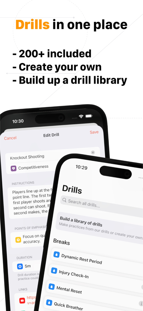 Interfaccia dell'app di coaching di basket per gestire e creare esercizi personalizzati con istruzioni e durata