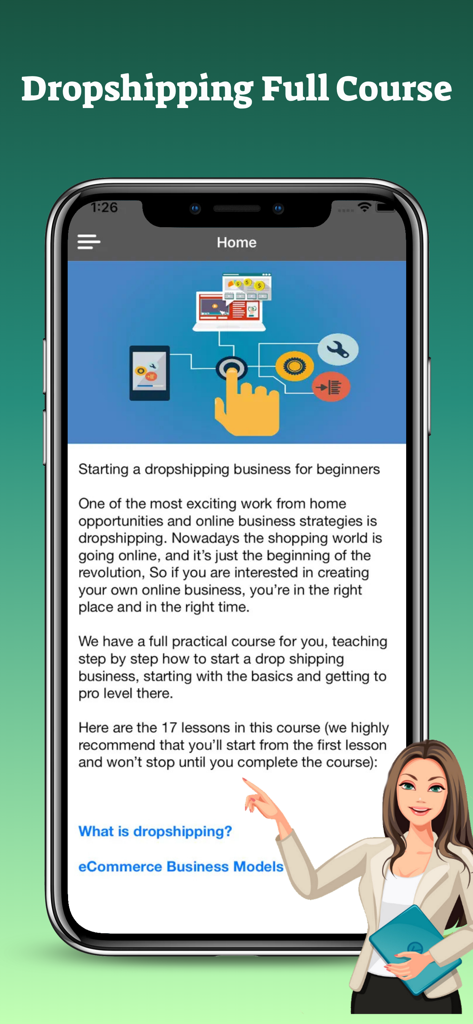 Dropshipping Full Course - Smartphone showing the Dropshipping Full Course app home screen with business lessons.