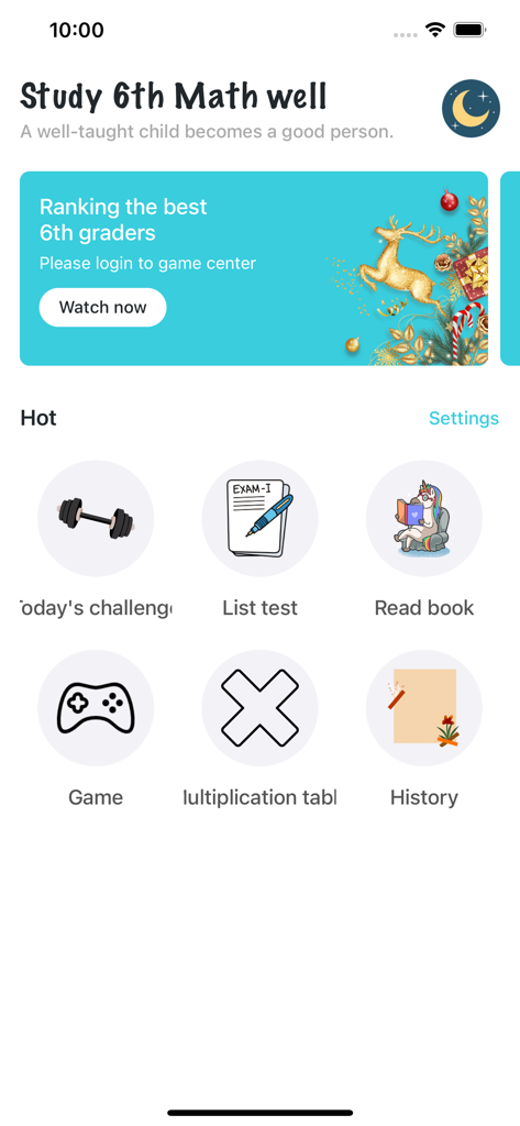 6th grade learning games - Home screen of a sixth grade math app featuring study modules including challenges tests and games