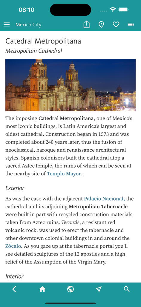 Mexico City’s Best: Trip Guide - A travel app screen displaying historical information and a photo of the Metropolitan Cathedral in Mexico City.