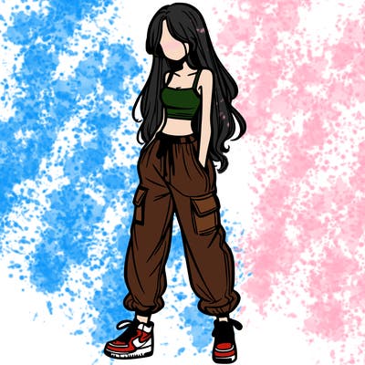 girl in baggy pants crop top and long hair
