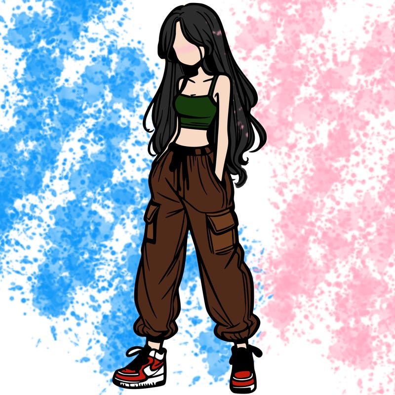 girl in baggy pants crop top and long hair