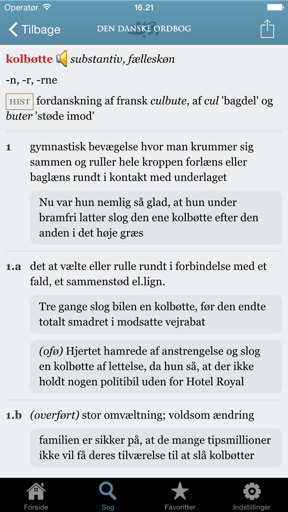 Den Danske Ordbog (DDO) - Danish dictionary entry for the word kolbøtte in the DDO mobile app showing definitions and examples