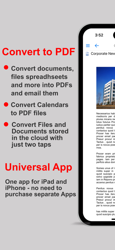 Captura de tela do aplicativo Print n Share destacando recursos de conversão de PDF e sua compatibilidade universal para iPhone e iPad