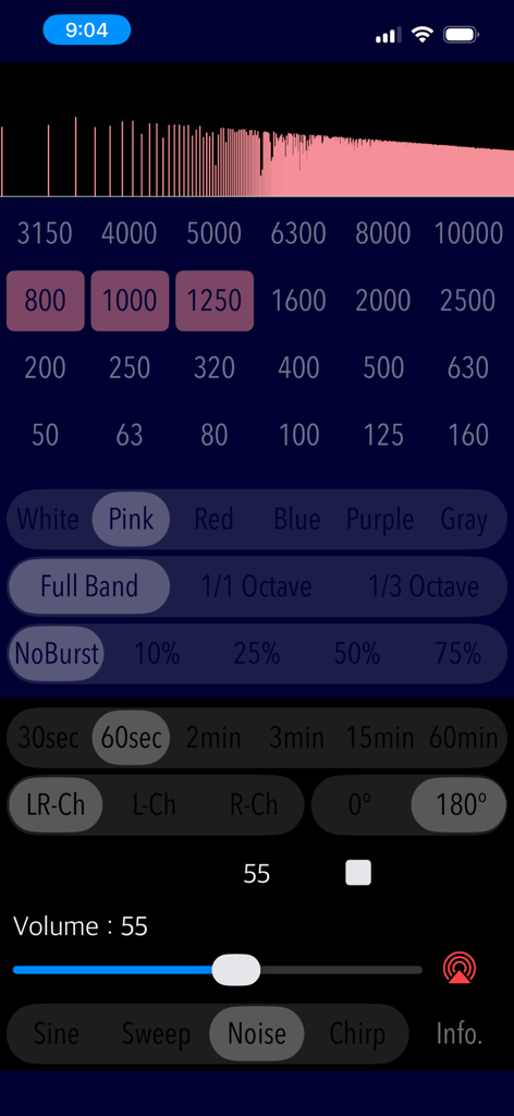 Oberfläche der Audio Tone Generator Plus App mit Pink-Noise-Einstellungen und Frequenzbandauswahl.