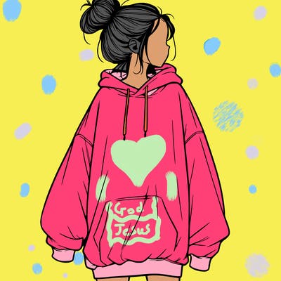 realistic girl with a oversized sweatshirt on and a bun