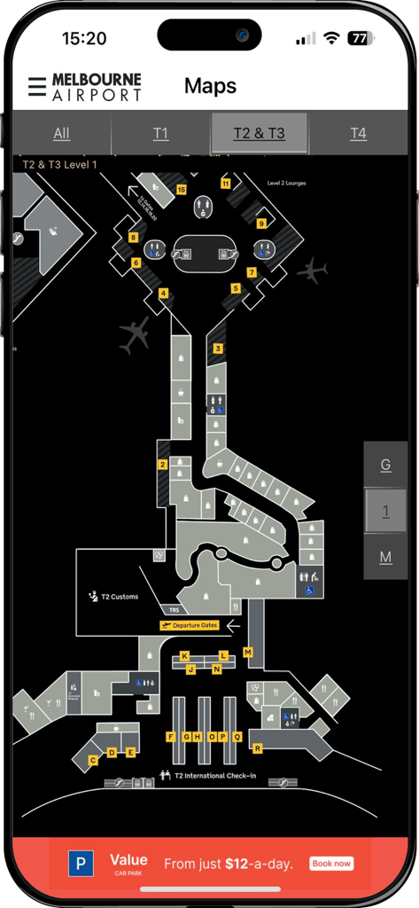 Melbourne Airport - Mobile app screenshot showing the terminal map for Melbourne Airport terminals T2 and T3
