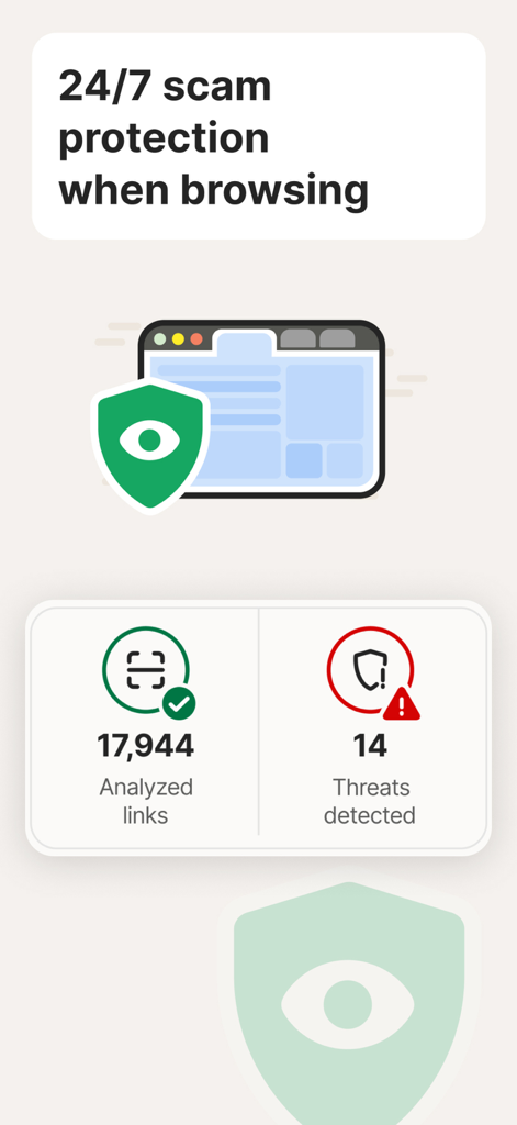 Norton 360 App-Oberfläche, die Betrugsschutzstatistiken für das Surfen im Web anzeigt, einschließlich analysierter Links und erkannter Bedrohungen