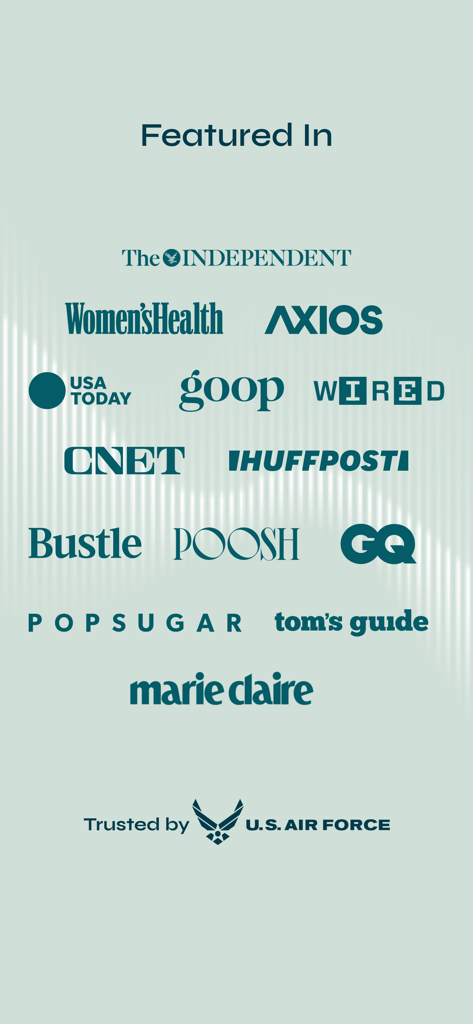 Soaak - Logos of media outlets including Wired GQ and CNET that have featured Soaak along with the US Air Force trust logo