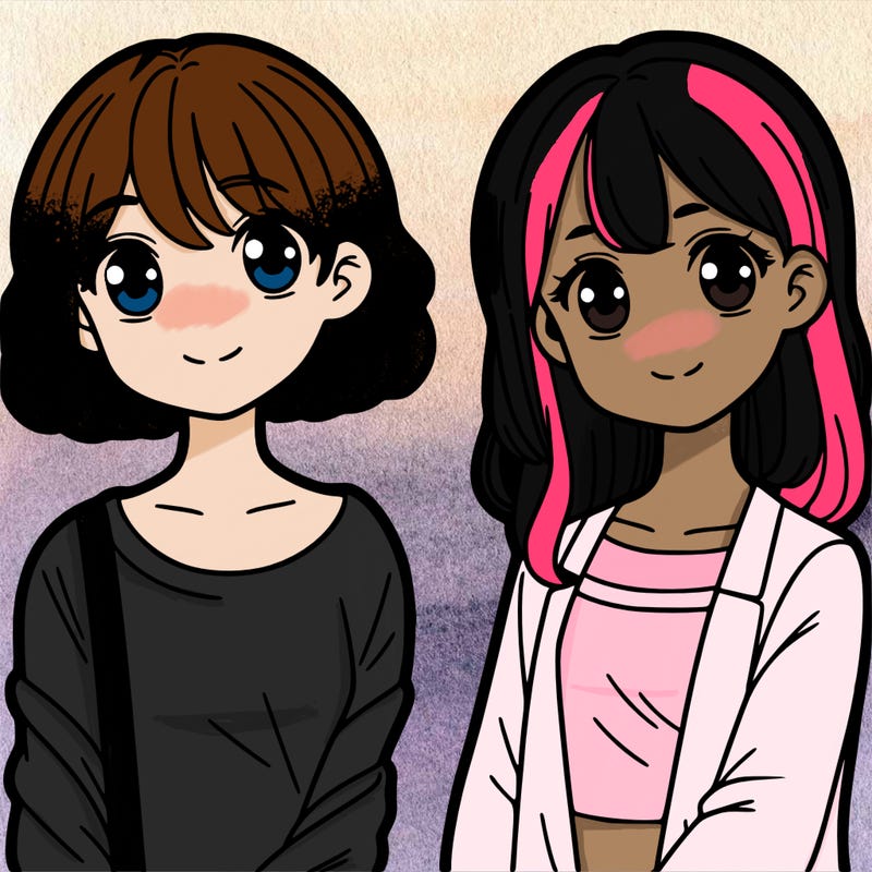 two girls one with short hair and other with long hair