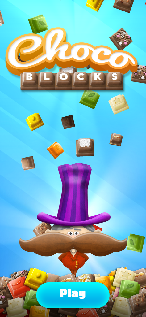 Choco Blocks Chocolate Factory - Choco Blocks Chocolate Factory splash screen featuring Dr Choc E Tash and colorful chocolate pieces