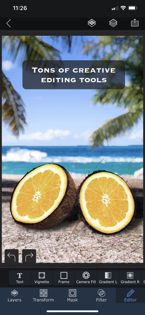 Superimpose X - Superimpose X app interface showing creative photo editing tools and a surreal beach composition with coconut orange hybrids.