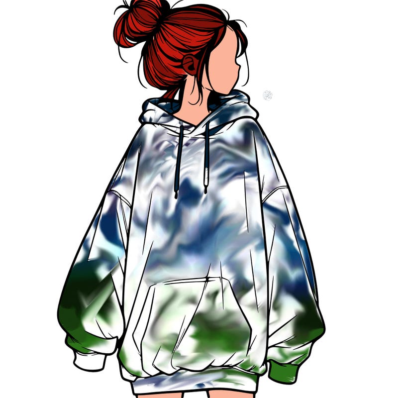 realistic girl with a oversized sweatshirt on and a bun