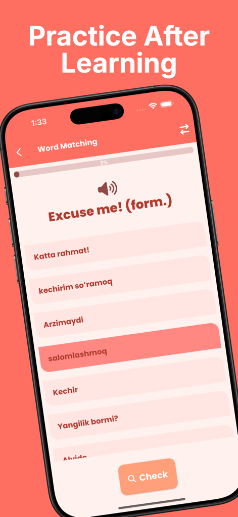 Learn Uzbek: For Beginners - A word matching practice screen in the Learn Uzbek app where users match English phrases to Uzbek translations.