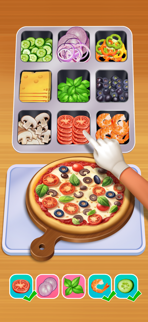 Happy Cooking : Cooking Game - A player adding tomato slices as toppings to a pizza in the Happy Cooking game