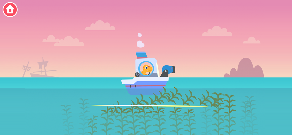 A dinosaur character driving a patrol boat on the ocean during sunset